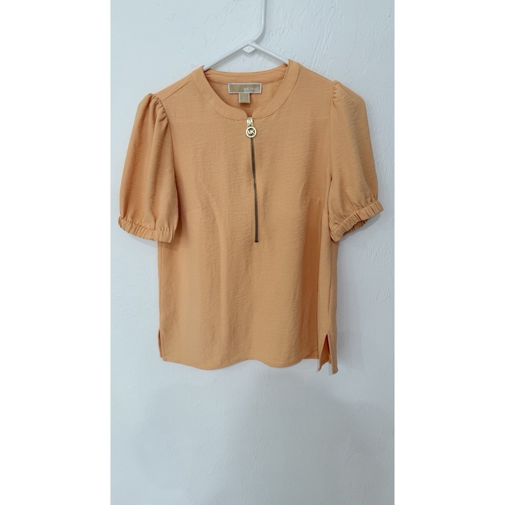 Michael Kors Peach Textured Puff Sleeve Quarter Zip Top Womens XS